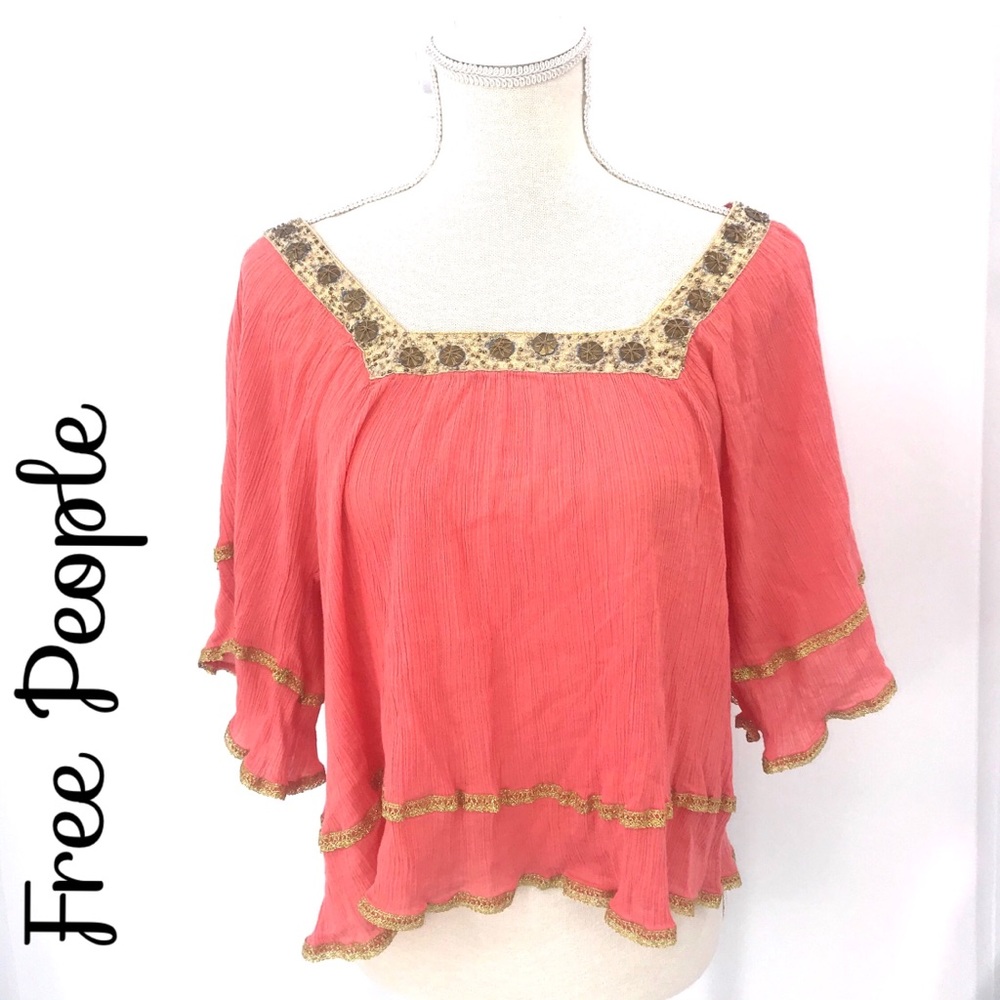 FREE PEOPLE orange crop Top with Bell Sleeves